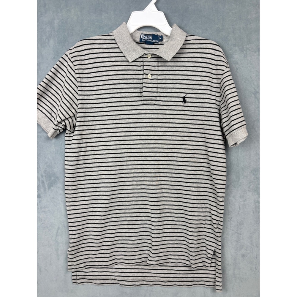 Polo Ralph Lauren Mens Medium Gray Black Striped Short Sleeve Cotton Polo Shirt